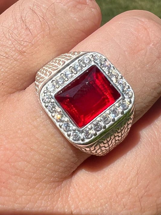 HarlemBling Mens Real 925 Sterling Silver Iced Simulated Red Ruby and CZ Hip Hop Ring Sz 6-13