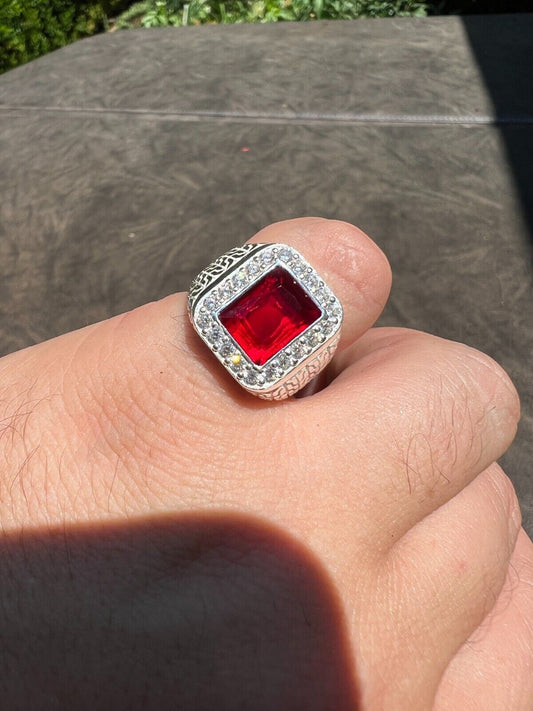 HarlemBling Mens Real 925 Sterling Silver Iced Simulated Red Ruby and CZ Hip Hop Ring Sz 6-13