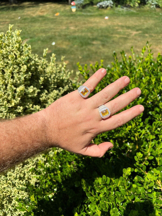 HarlemBling Mens Real 925 Sterling Silver Iced Simulated Yellow Canary Diamond Hip Hop Ring