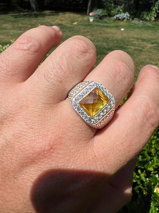 HarlemBling Mens Real 925 Sterling Silver Iced Simulated Yellow Canary Diamond Hip Hop Ring
