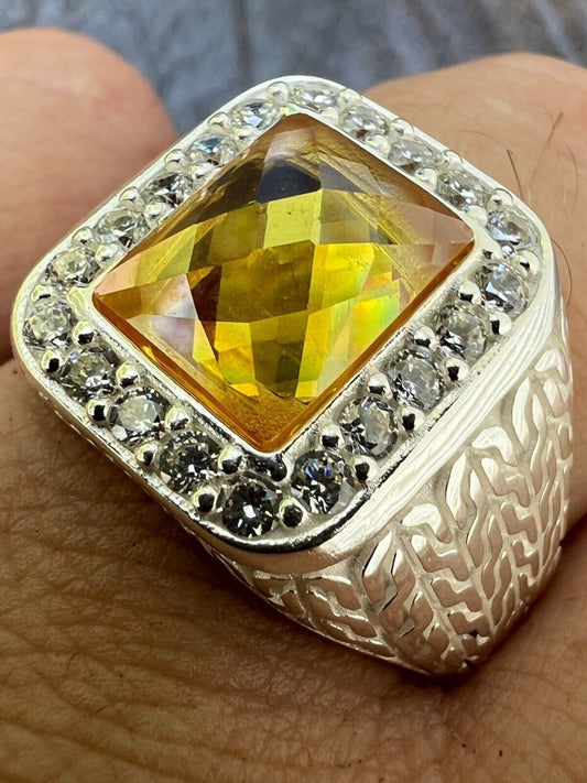 HarlemBling Mens Real 925 Sterling Silver Iced Simulated Yellow Canary Diamond Hip Hop Ring