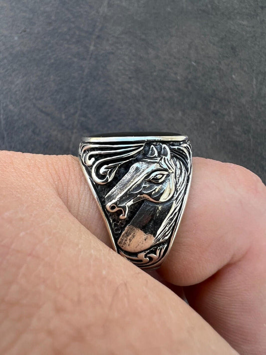 HarlemBling Mens Real 925 Sterling Silver Natural Black Onyx Gemstone W. Horse Design Ring