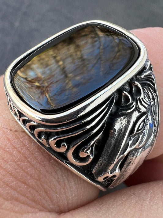 HarlemBling Mens Real 925 Sterling Silver Natural Black Onyx Gemstone W. Horse Design Ring