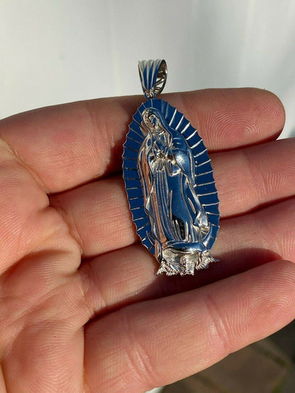 HarlemBling Mens Real 925 Sterling Silver - Virgin Mary Guadalupe Necklace Senora Pendant
