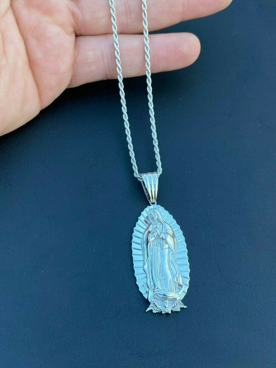 HarlemBling Mens Real 925 Sterling Silver - Virgin Mary Guadalupe Necklace Senora Pendant