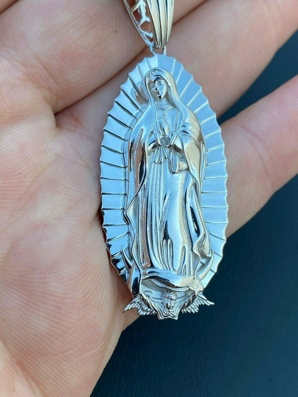 HarlemBling Mens Real 925 Sterling Silver - Virgin Mary Guadalupe Necklace Senora Pendant