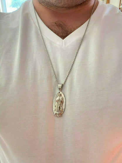 HarlemBling Mens Real 925 Sterling Silver - Virgin Mary Guadalupe Necklace Senora Pendant