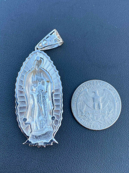 HarlemBling Mens Real 925 Sterling Silver - Virgin Mary Guadalupe Necklace Senora Pendant