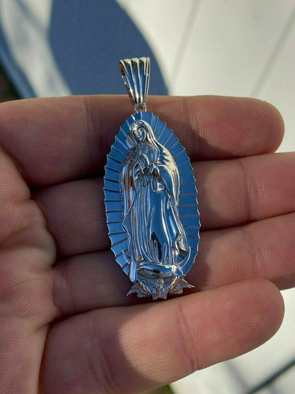 HarlemBling Mens Real 925 Sterling Silver - Virgin Mary Guadalupe Necklace Senora Pendant