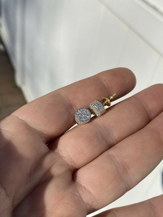 HarlemBling Mens Real Gold Vermeil 925 Sterling Silver Round Earrings MOISSANITE Studs Iced