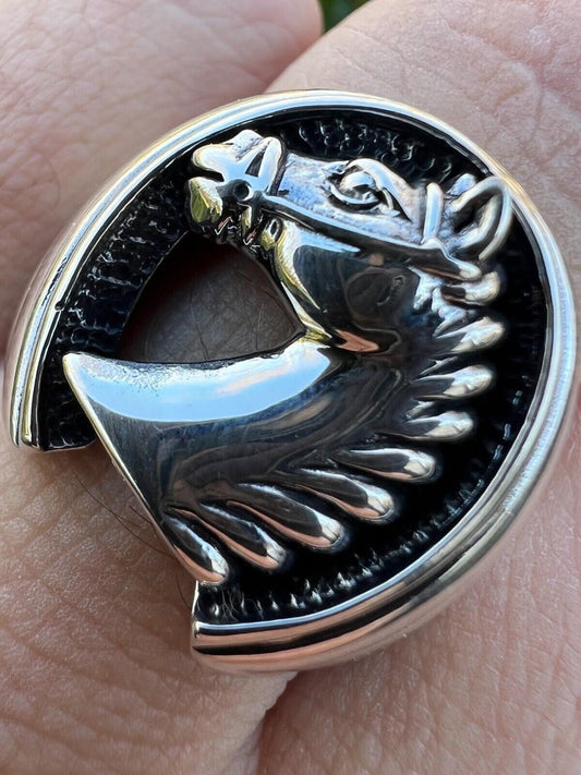 HarlemBling Mens Real Plain Solid 925 Sterling Silver Horse & Lucky Horseshoe Ring Size 7-13