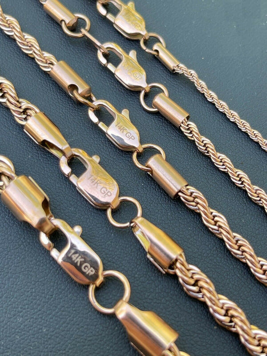 HarlemBling Mens Real Rope Chain Necklace 14k Rose Gold Over Stainless Steel 2mm-6mm 18-30