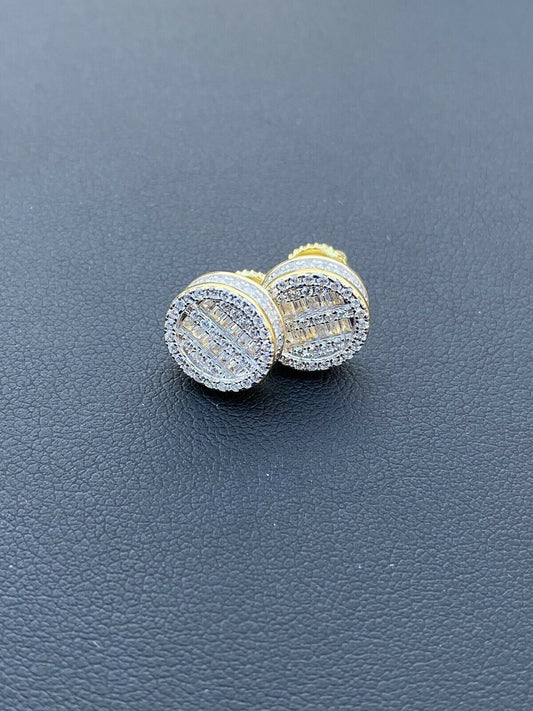HarlemBling Mens Real Solid 14k Gold Vermeil 925 Silver Iced Baguette Hip Hop Earrings Studs