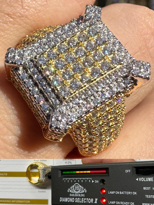 HarlemBling Men's Real Solid 925 Silver 14k Gold Plated MOISSANITE Large 3D Iced HipHop Ring