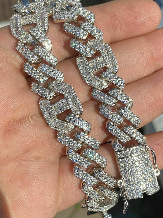 HarlemBling Mens Real Solid 925 Silver Baguette Cuban Prong Gucci Link Bracelet Hip Hop Iced