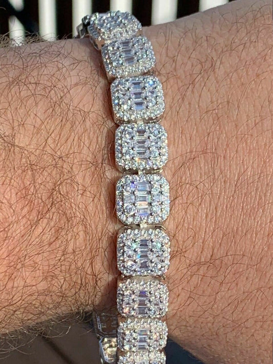 HarlemBling Mens Real Solid 925 Silver Baguette Tennis Bracelet Iced Diamond Flooded Out
