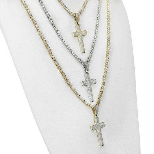 HarlemBling Mens Real Solid 925 Silver Cross W Tennis Chain Pendant Super Iced Man Diamond