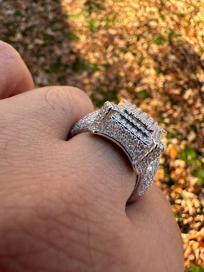 HarlemBling Men's Real Solid 925 Silver MOISSANITE Large 3D Rectangular Iced Hip Hop Ring