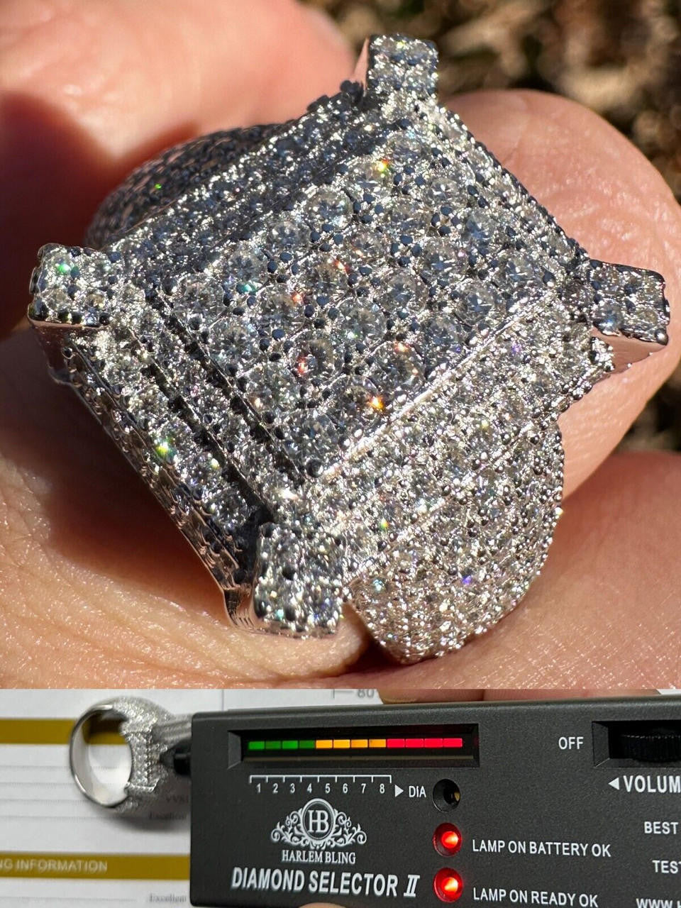 HarlemBling Men's Real Solid 925 Silver MOISSANITE Large 3D Rectangular Iced Hip Hop Ring