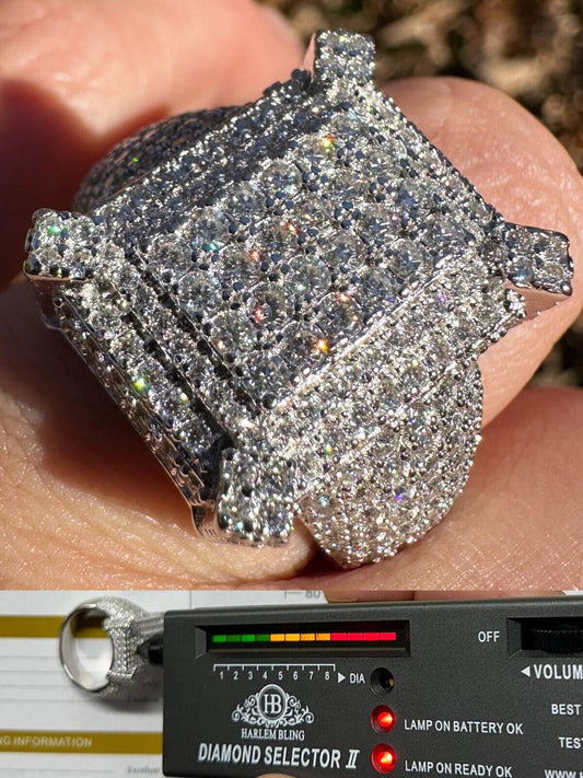 HarlemBling Men's Real Solid 925 Silver MOISSANITE Large 3D Rectangular Iced Hip Hop Ring