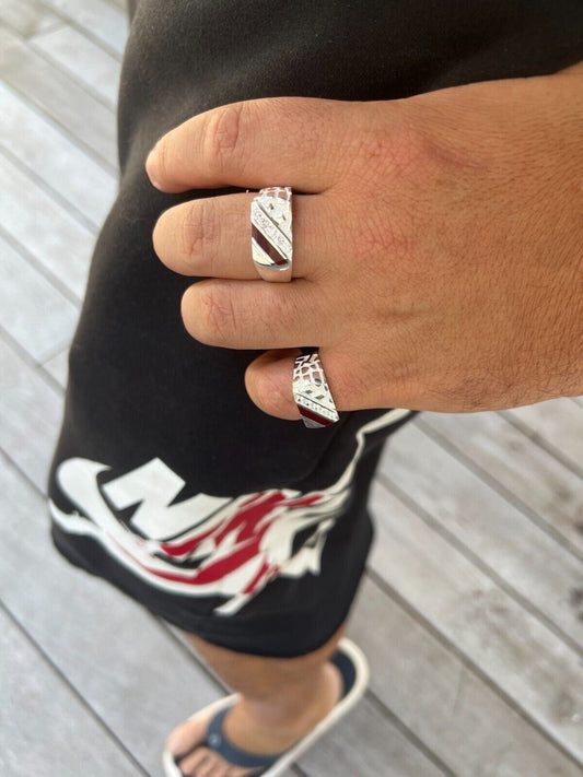HarlemBling Mens Real Solid 925 Silver Nugget Red Ruby Iced Simulated Diamond Ring Hip Hop