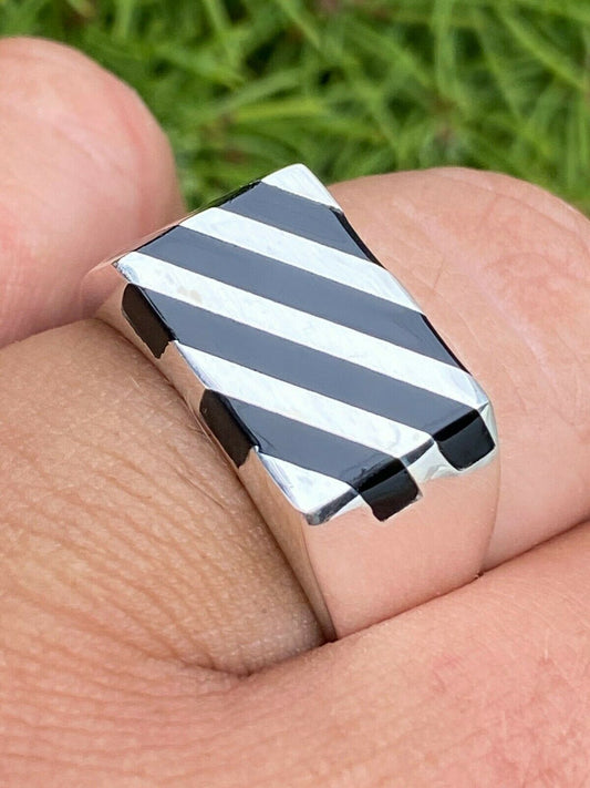 HarlemBling Mens Real Solid 925 Sterling Silver Black Onyx Ring Pinky Anillo Para Hombre