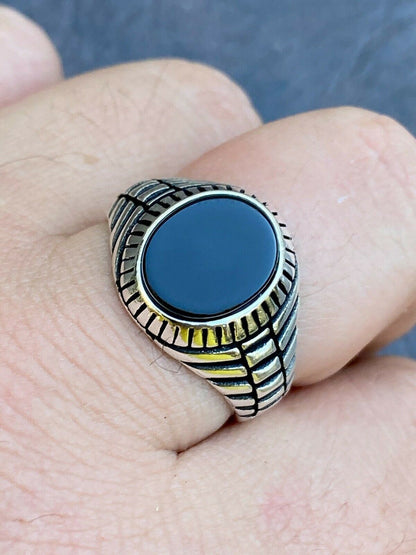 HarlemBling Mens Real Solid 925 Sterling Silver Black Onyx Signet Ring Round Pinky Sz 7-13