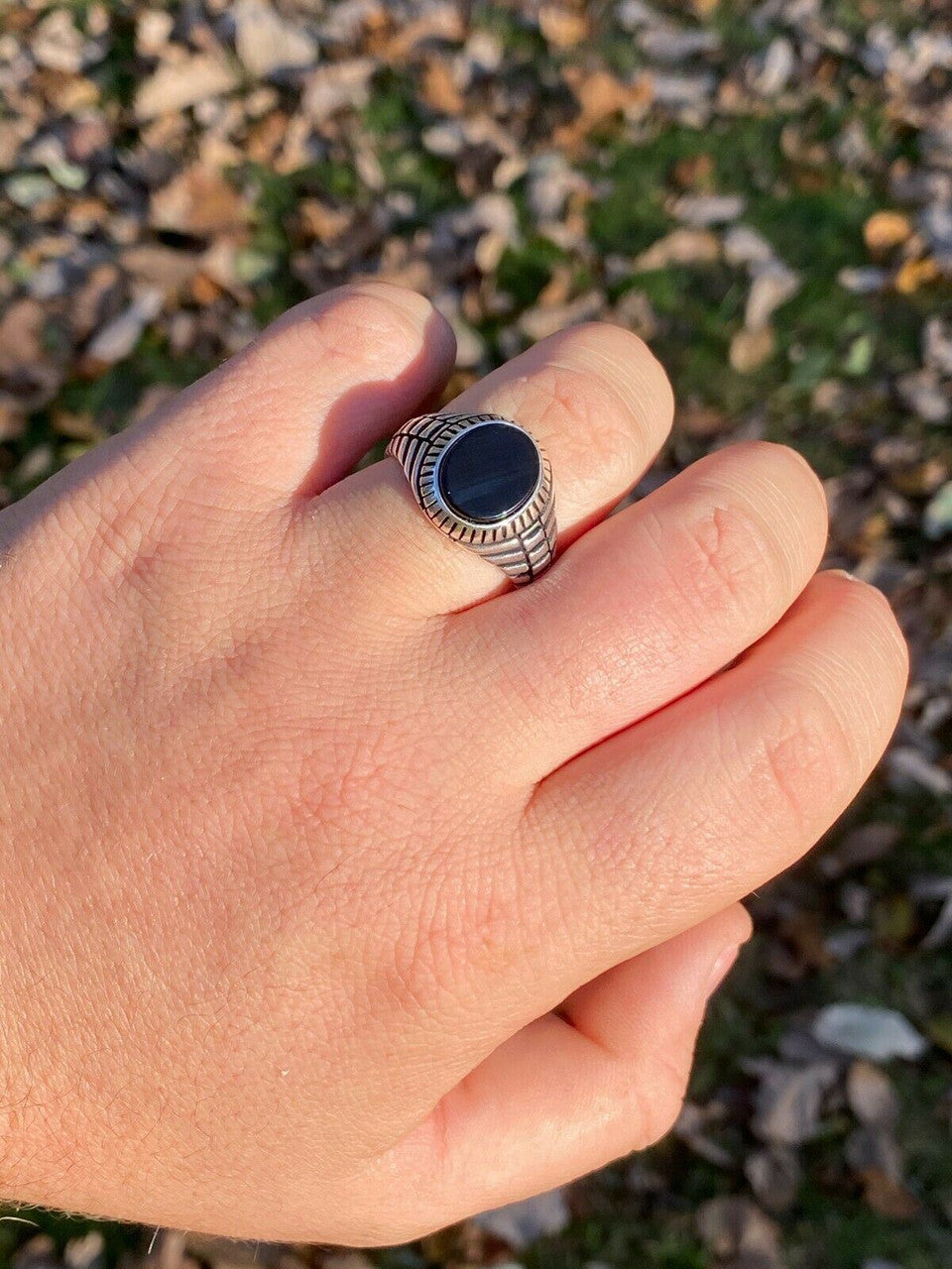 HarlemBling Mens Real Solid 925 Sterling Silver Black Onyx Signet Ring Round Pinky Sz 7-13