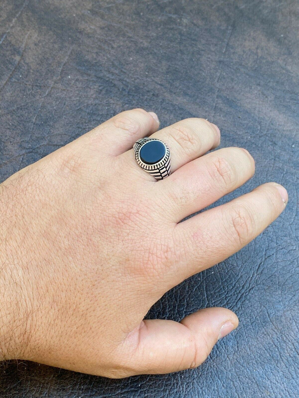 HarlemBling Mens Real Solid 925 Sterling Silver Black Onyx Signet Ring Round Pinky Sz 7-13