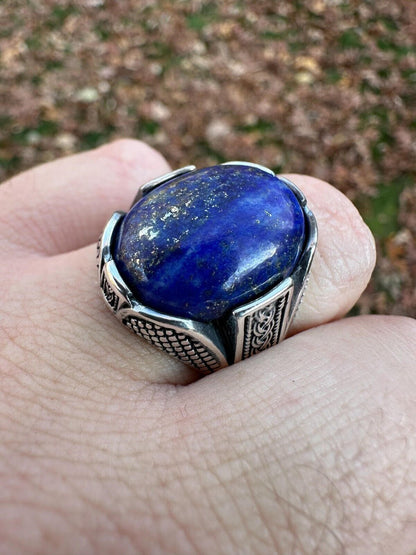 HarlemBling Mens Real Solid 925 Sterling Silver Blue Lapis Lazuli Gemstone Ring Sizes 6-13