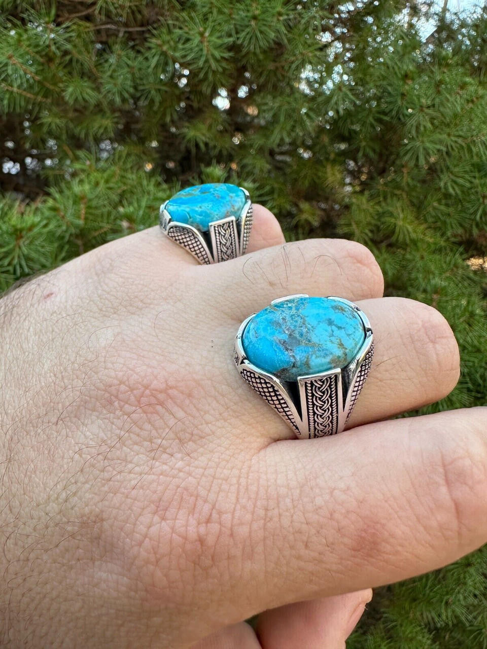 HarlemBling Mens Real Solid 925 Sterling Silver Blue Turquoise Natural Native Gemstone Ring