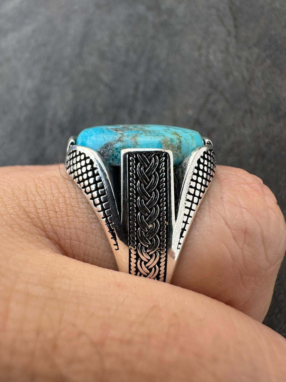 HarlemBling Mens Real Solid 925 Sterling Silver Blue Turquoise Natural Native Gemstone Ring