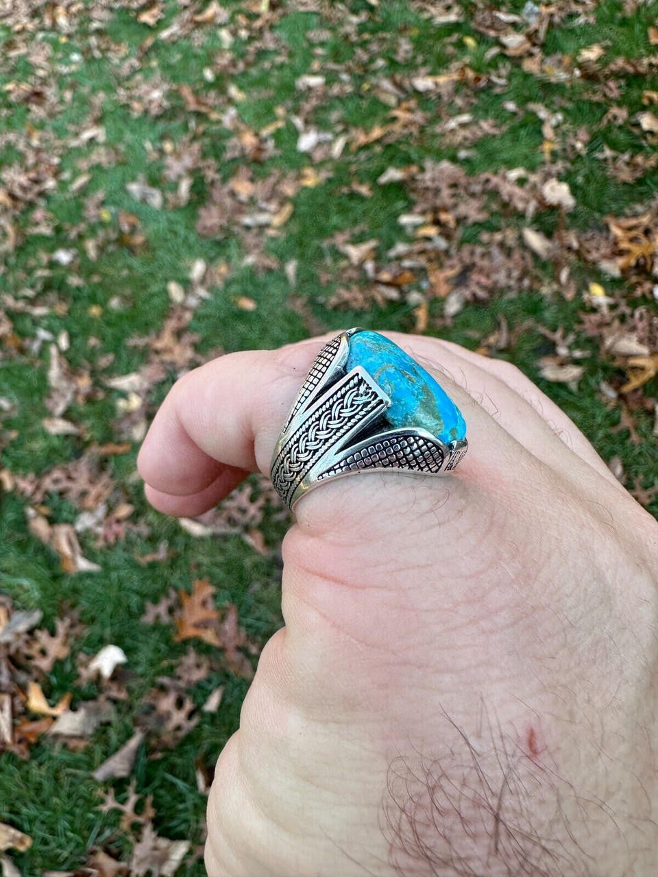 HarlemBling Mens Real Solid 925 Sterling Silver Blue Turquoise Natural Native Gemstone Ring
