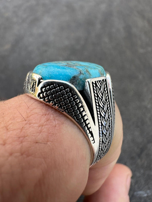 HarlemBling Mens Real Solid 925 Sterling Silver Blue Turquoise Natural Native Gemstone Ring