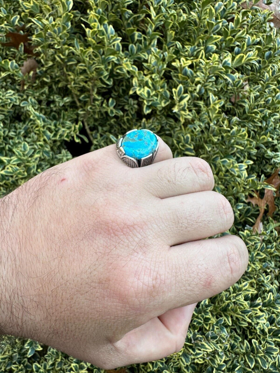HarlemBling Mens Real Solid 925 Sterling Silver Blue Turquoise Natural Native Gemstone Ring