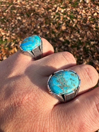 HarlemBling Mens Real Solid 925 Sterling Silver Blue Turquoise Natural Native Gemstone Ring