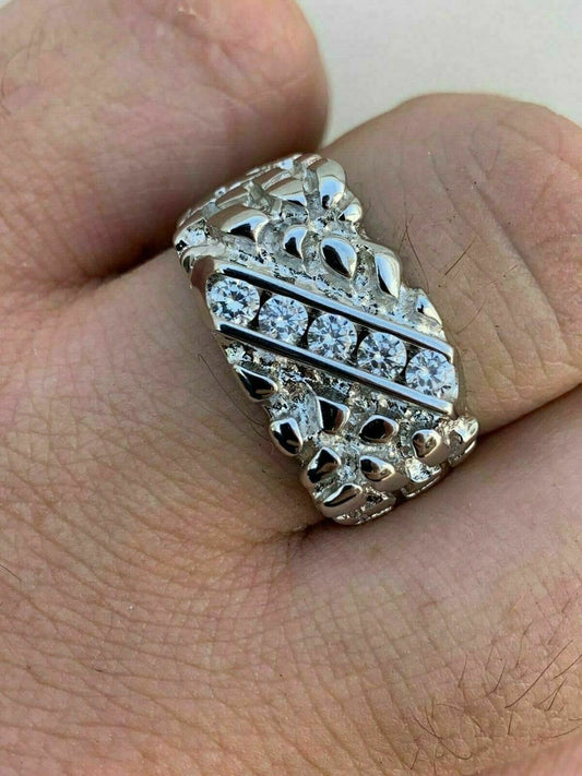 HarlemBling Mens REAL Solid 925 Sterling Silver Diamond Nugget Ring Sz 7-13 Pinky Super Iced
