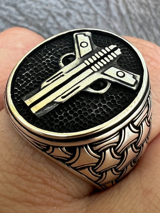 HarlemBling Mens Real Solid 925 Sterling Silver Double Guns Pistols Gangster Ring Size 7-13