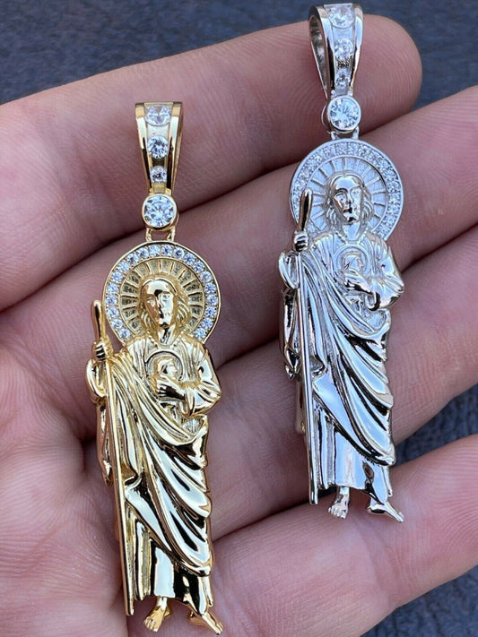HarlemBling Mens Real Solid 925 Sterling Silver / Gold St Jude San Judas Tadeo Iced Pendant