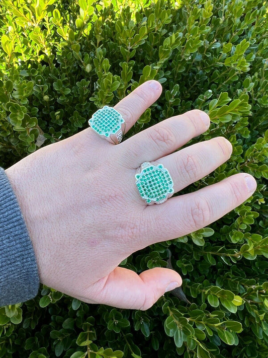 HarlemBling Mens Real Solid 925 Sterling Silver Iced Green Emerald Ring Hip Hop Pinky 7-13
