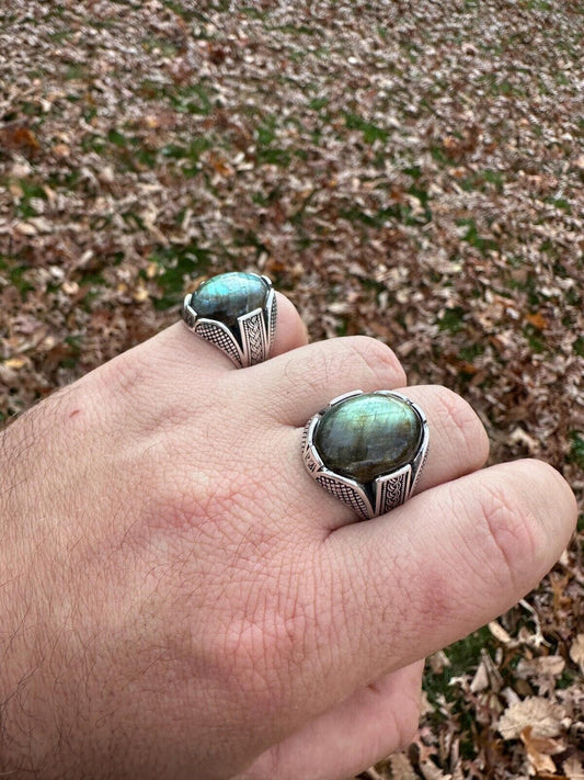 HarlemBling Mens Real Solid 925 Sterling Silver Labradorite Natural Gemstone Ring Sizes 6-13