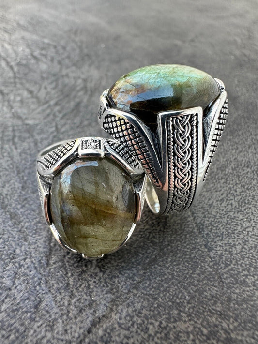 HarlemBling Mens Real Solid 925 Sterling Silver Labradorite Natural Gemstone Ring Sizes 6-13