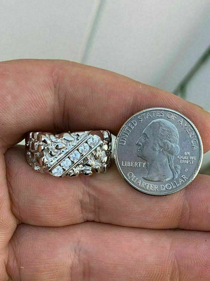 HarlemBling Mens REAL Solid 925 Sterling Silver MOISSANITE Nugget Ring Sz 7-13 Pinky Iced