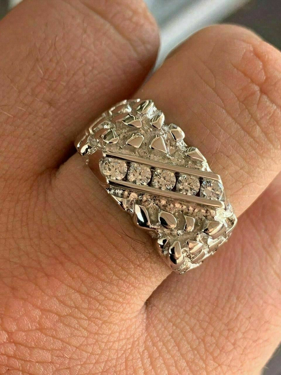 HarlemBling Mens REAL Solid 925 Sterling Silver MOISSANITE Nugget Ring Sz 7-13 Pinky Iced