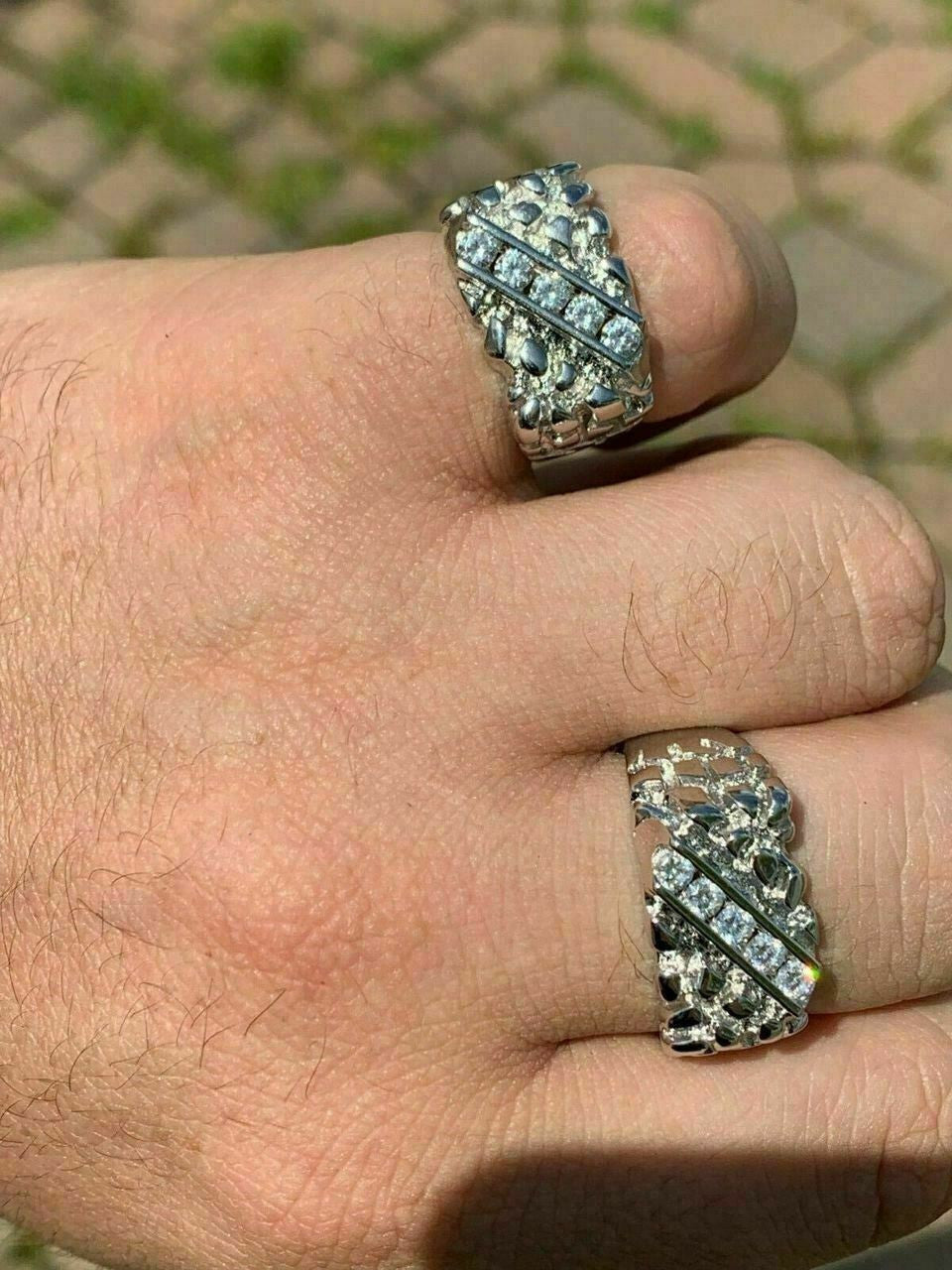 HarlemBling Mens REAL Solid 925 Sterling Silver MOISSANITE Nugget Ring Sz 7-13 Pinky Iced