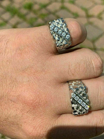 HarlemBling Mens REAL Solid 925 Sterling Silver MOISSANITE Nugget Ring Sz 7-13 Pinky Iced