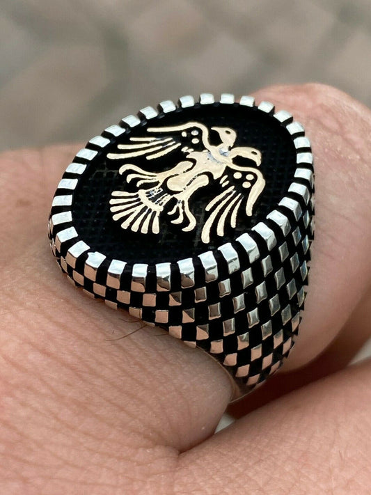 HarlemBling Mens Real Solid 925 Sterling Silver Ring Albanian Kosovo Double Headed Eagle