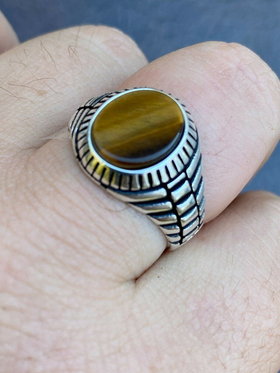 HarlemBling Mens Real Solid 925 Sterling Silver Tigers Eye Signet Ring Round Pinky Sz 7-13