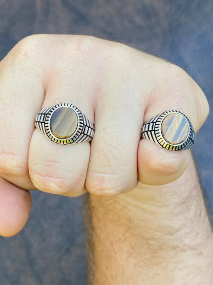 HarlemBling Mens Real Solid 925 Sterling Silver Tigers Eye Signet Ring Round Pinky Sz 7-13