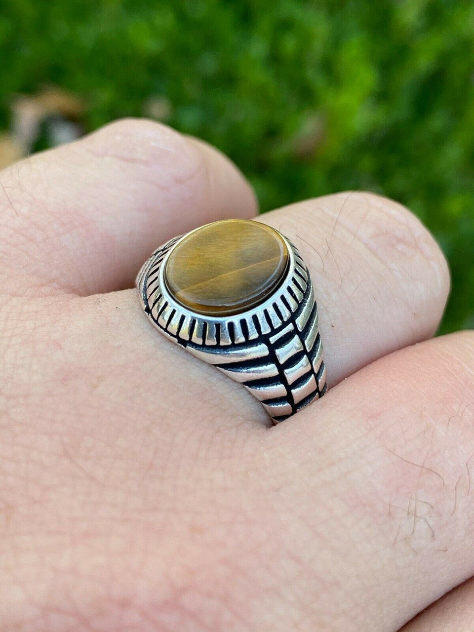HarlemBling Mens Real Solid 925 Sterling Silver Tigers Eye Signet Ring Round Pinky Sz 7-13